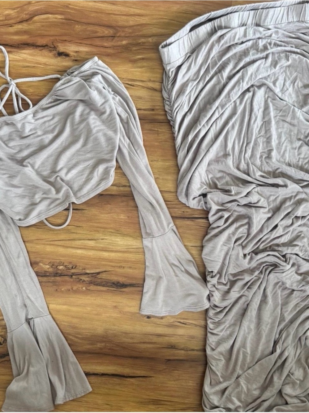 Fashion Nova Taupe Long Sleeve Crop Top & Ruched Skirt Set